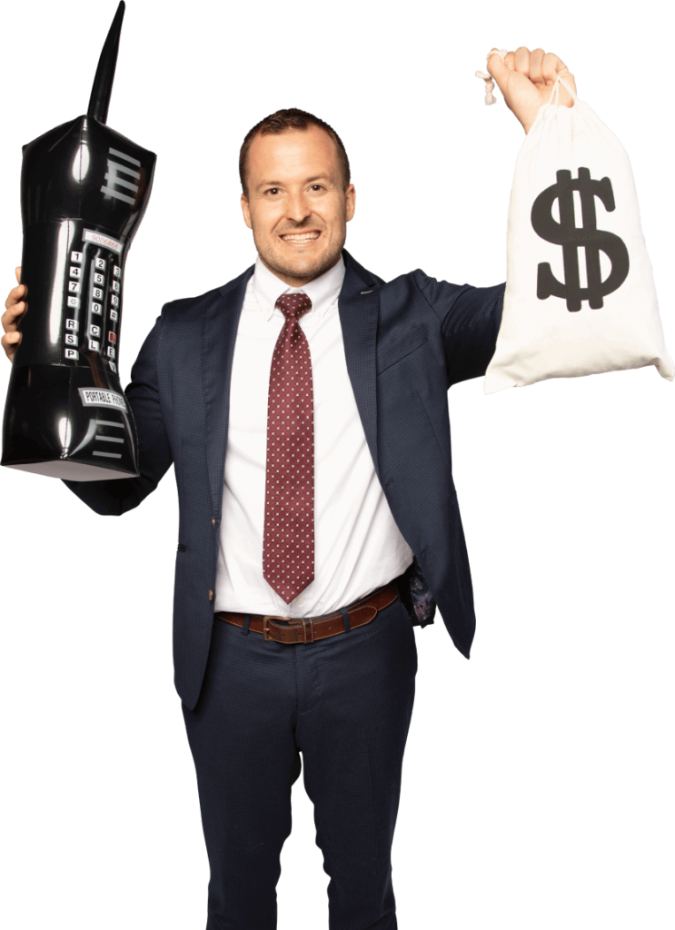 James Helm with Phone and Cash Bag